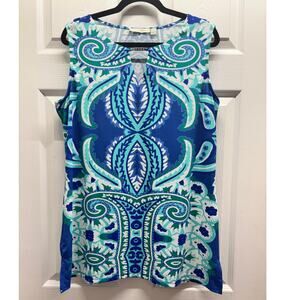 Maria Gabrielle Size 1X Blue Paisley Sleeveless Rhinestone Keyhole Neck Top
